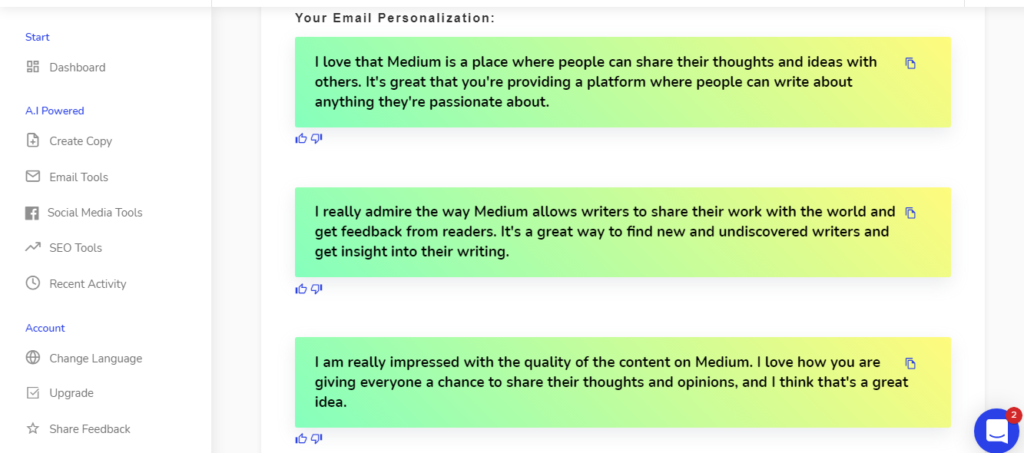 Writecream Dashboard User Interface