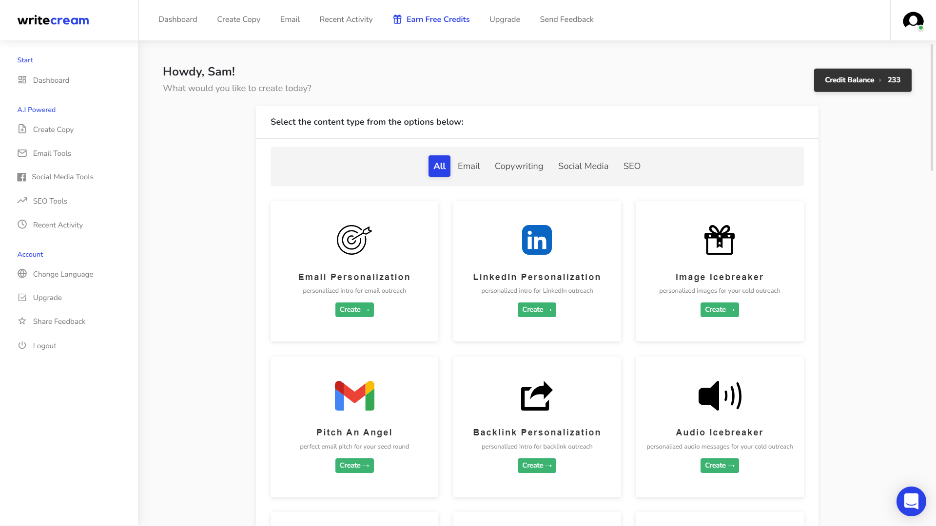 Writecream Dashboard User Interface