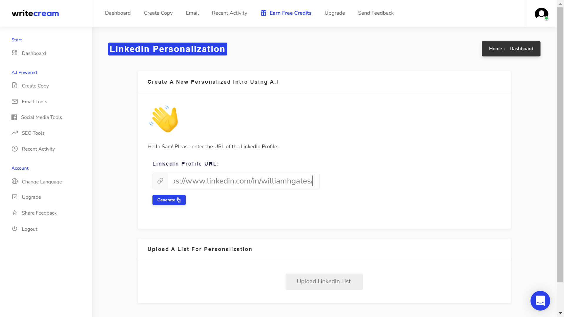 Writecream Dashboard User Interface