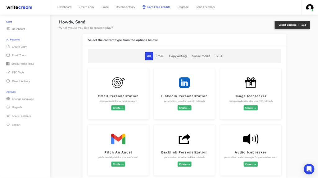 Writecream Dashboard User Interface