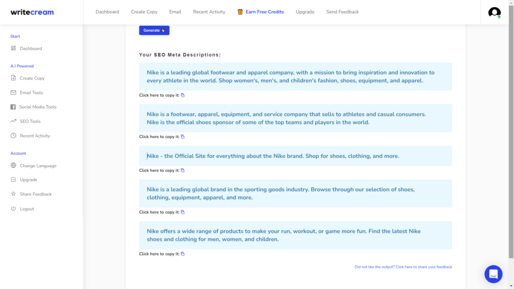 Meta Description Writecream Output