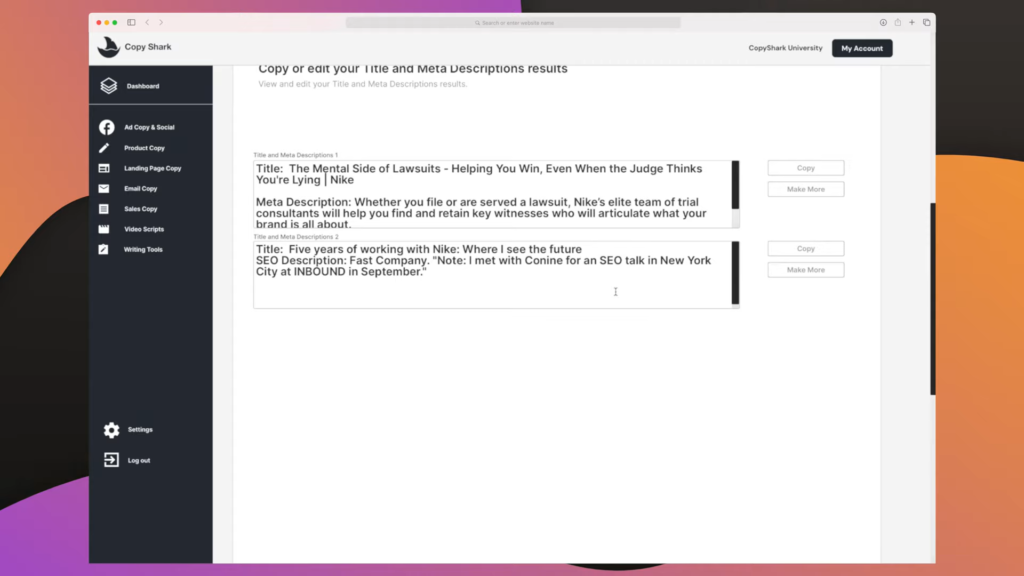 Copyshark Meta Description Output