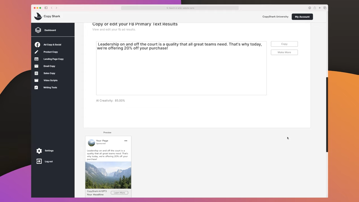 Copyshark Facebook Ad Copy