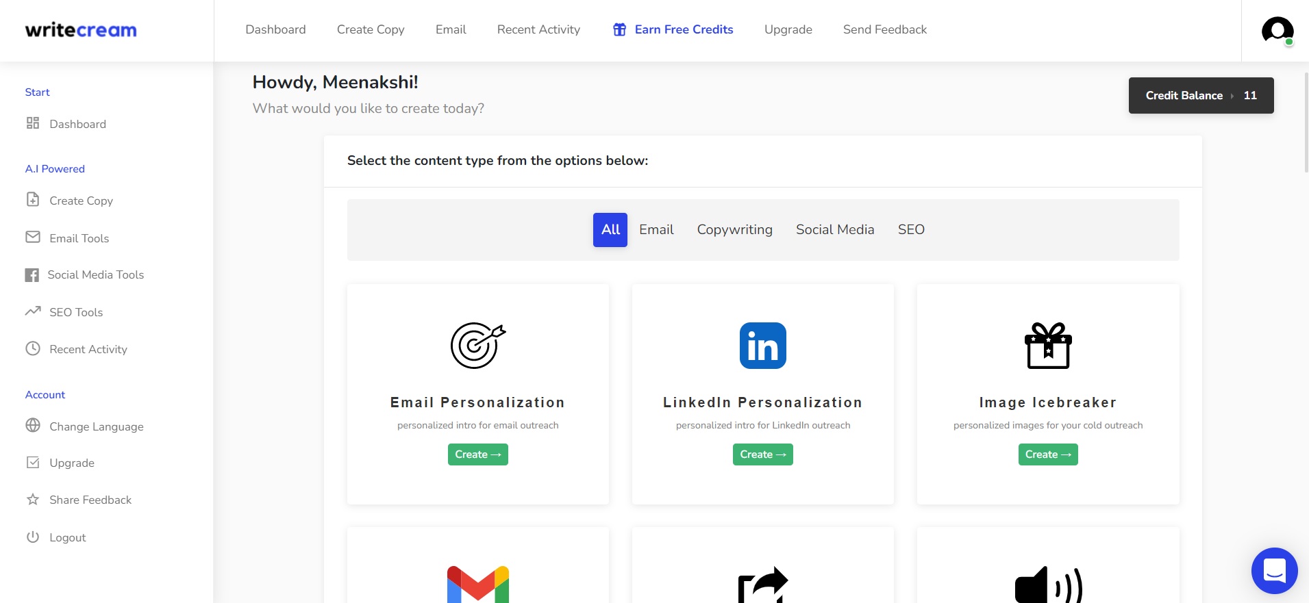 Writecream Dashboard User Interface