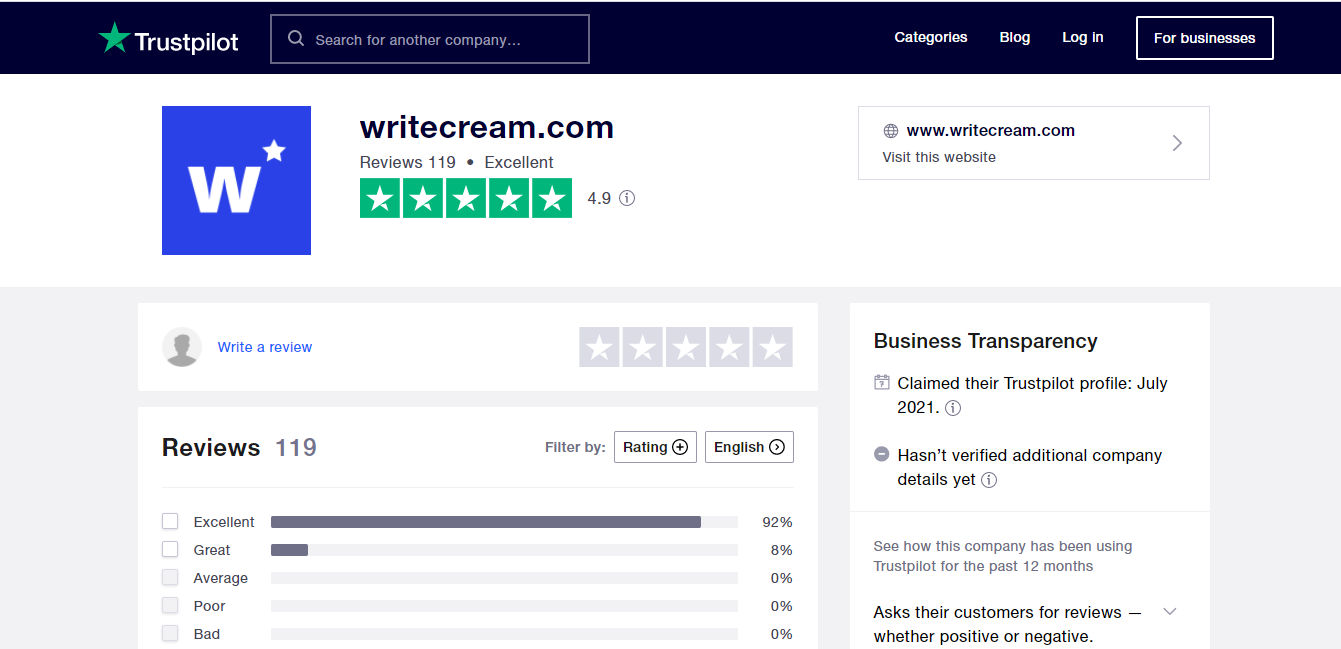 Writecream Trustpilot Reviews