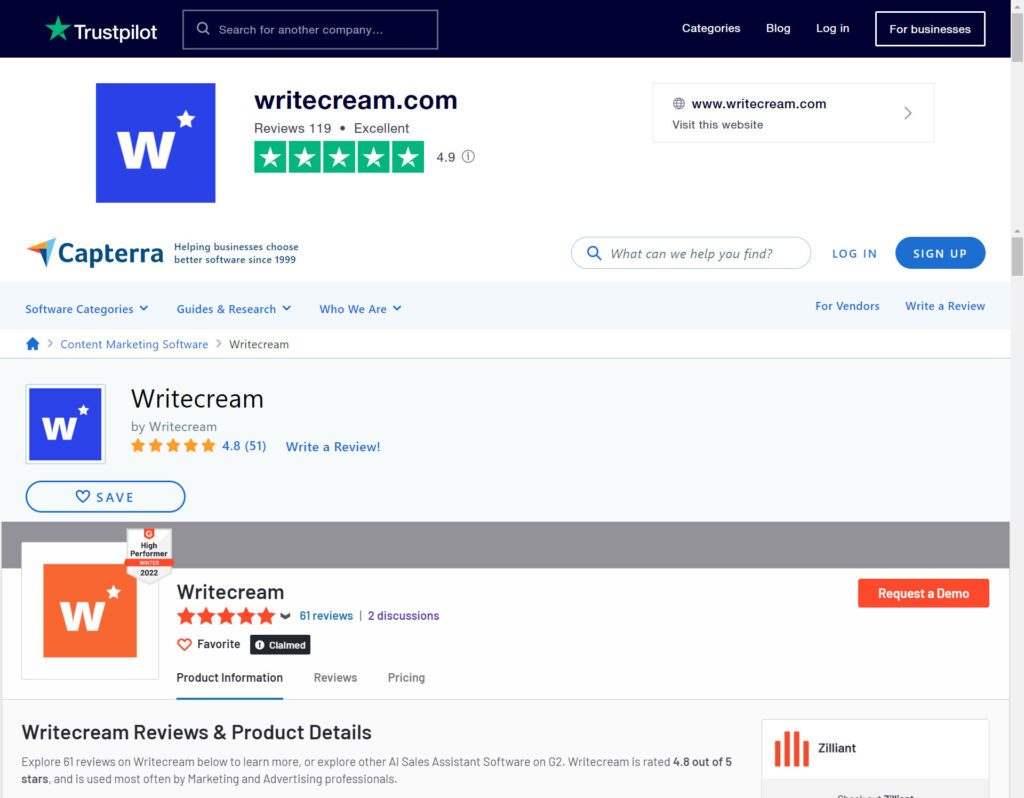 Writecream review On Trustpilot