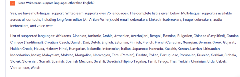 Writecream Supported Languages
