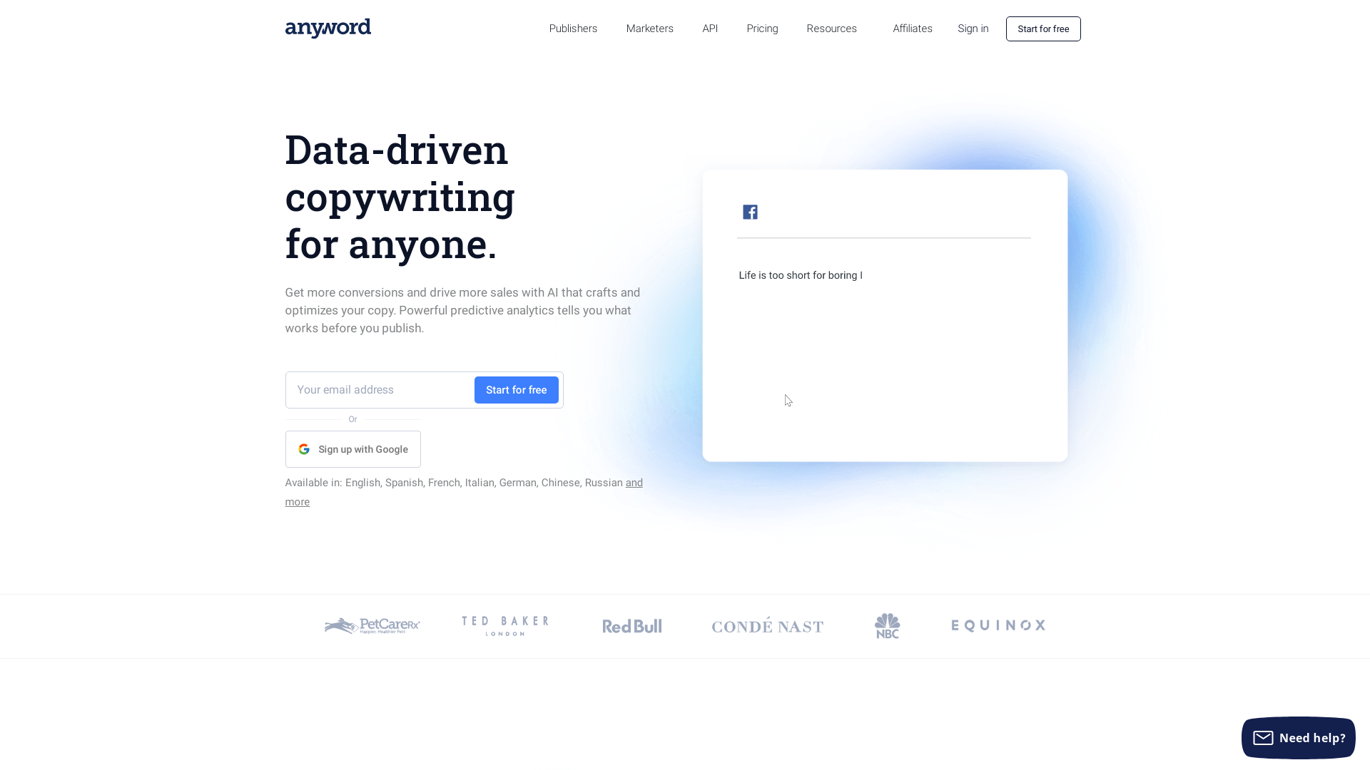 Anyword website user interface