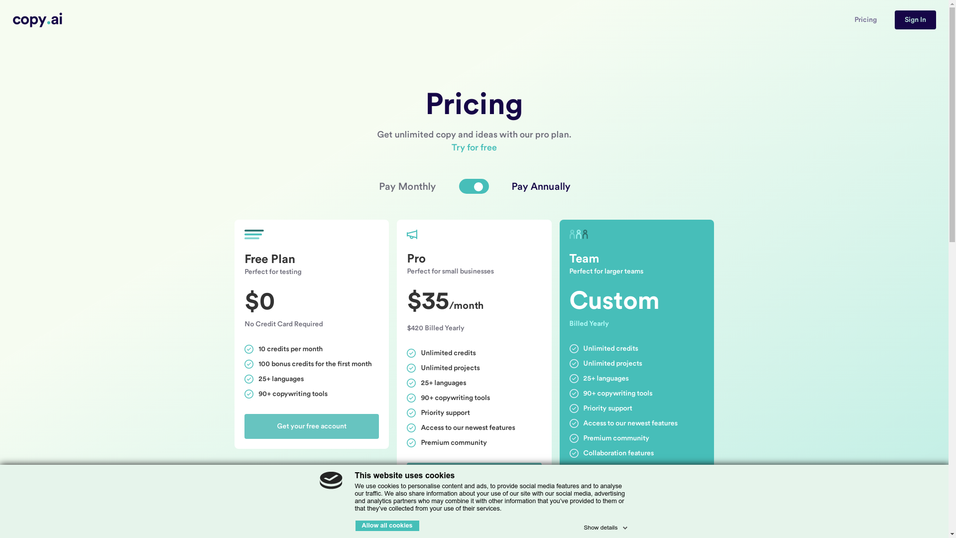 Copy.ai Pricing Plans Images