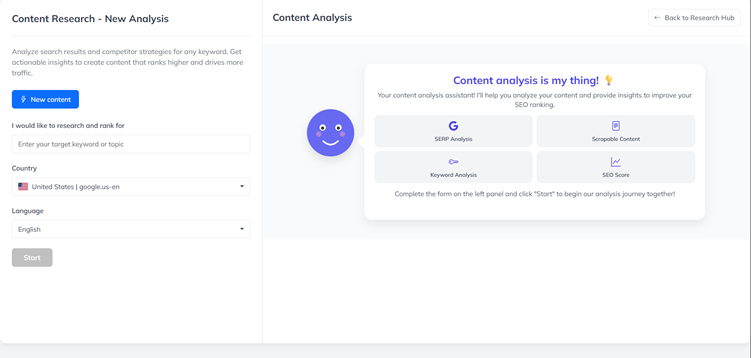 New Content Analysis - Starting Interface
